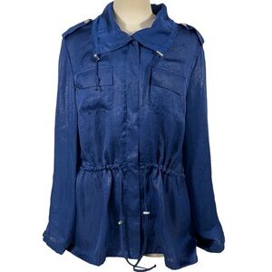 Ruby Rd. Royal Blue Crinkle Satin Anorak Snap Front Lightweight Jacket Sz XL